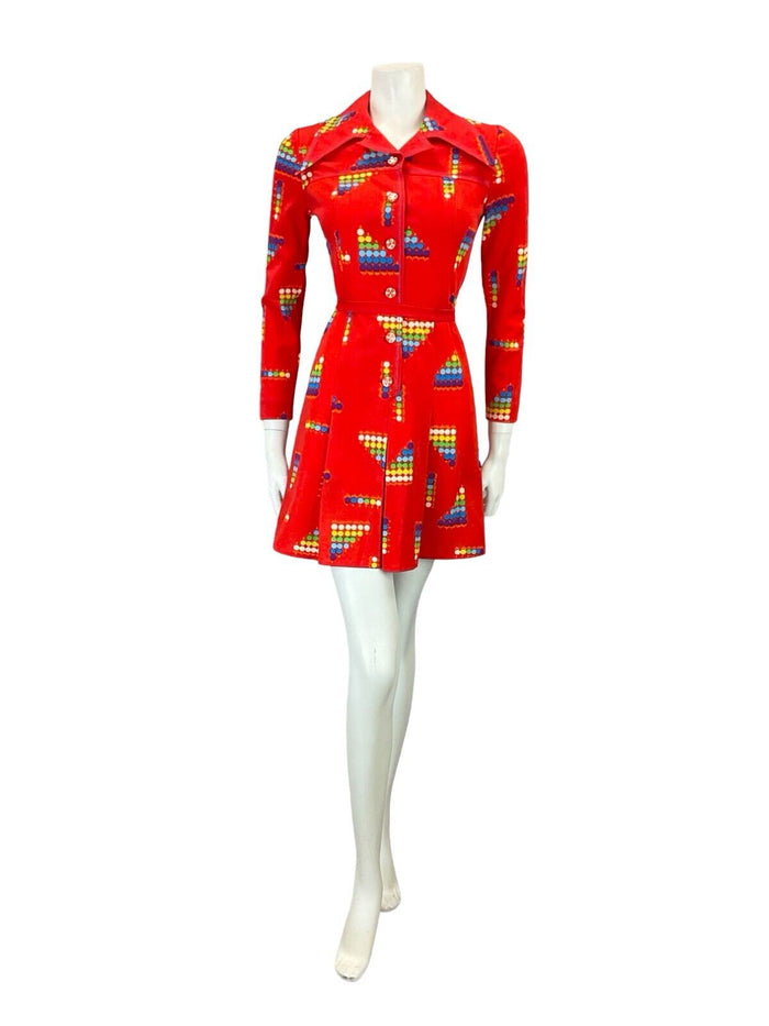 VTG 60S 70S RED PURPLE BLUE GEOMETRIC DOTTY WING COLLAR PLEATED SHIRT DRESS 4