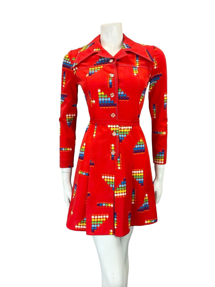 VTG 60S 70S RED PURPLE BLUE GEOMETRIC DOTTY WING COLLAR PLEATED SHIRT DRESS 4