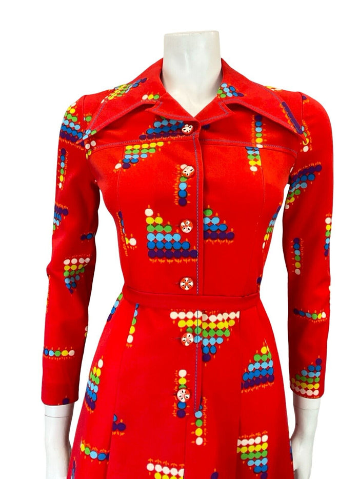 VTG 60S 70S RED PURPLE BLUE GEOMETRIC DOTTY WING COLLAR PLEATED SHIRT DRESS 4
