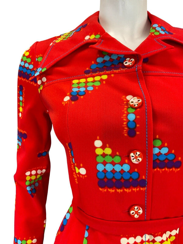 VTG 60S 70S RED PURPLE BLUE GEOMETRIC DOTTY WING COLLAR PLEATED SHIRT DRESS 4