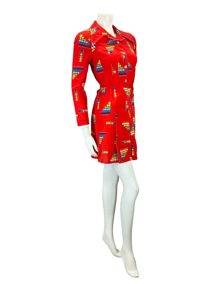 VTG 60S 70S RED PURPLE BLUE GEOMETRIC DOTTY WING COLLAR PLEATED SHIRT DRESS 4