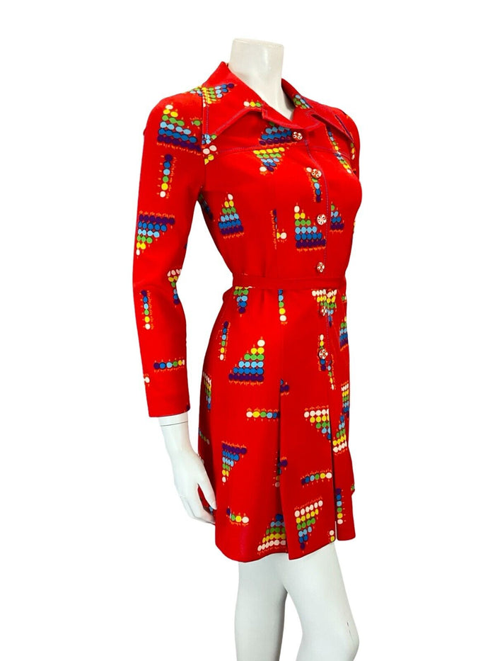 VTG 60S 70S RED PURPLE BLUE GEOMETRIC DOTTY WING COLLAR PLEATED SHIRT DRESS 4