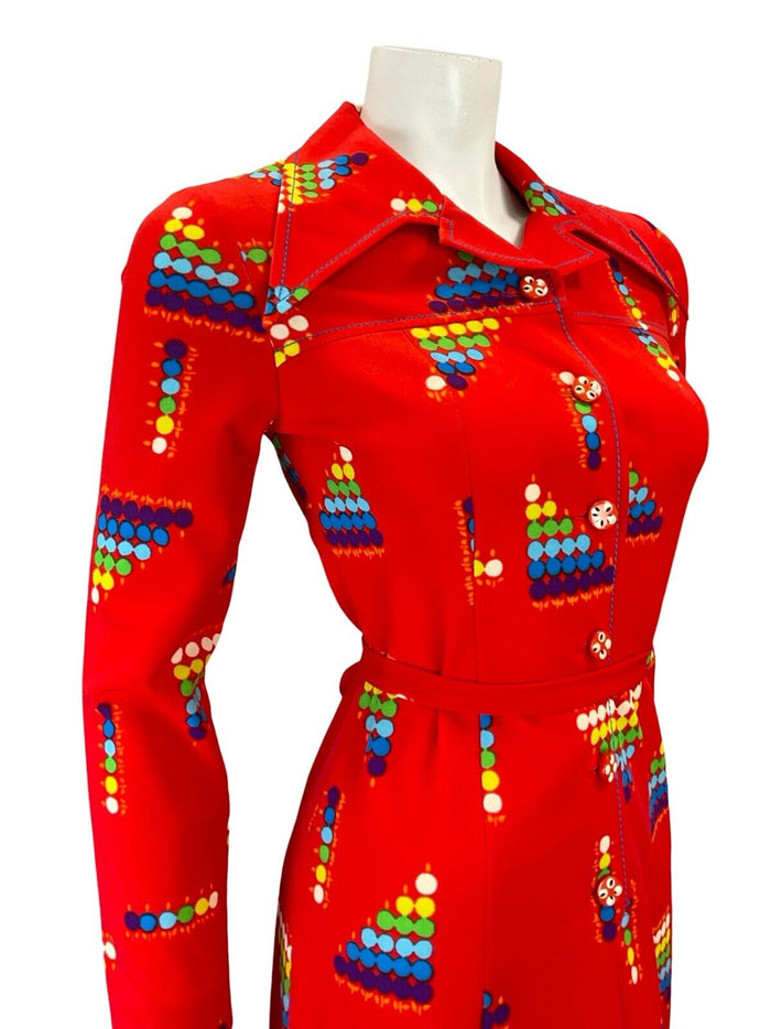 VTG 60S 70S RED PURPLE BLUE GEOMETRIC DOTTY WING COLLAR PLEATED SHIRT DRESS 4