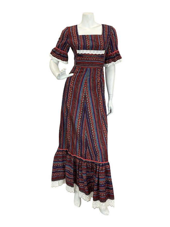 VTG 60S 70S RED WHITE BLUE BLACK COTTAGE RUFFLE FLORAL STRIPE MAXI DRESS 8