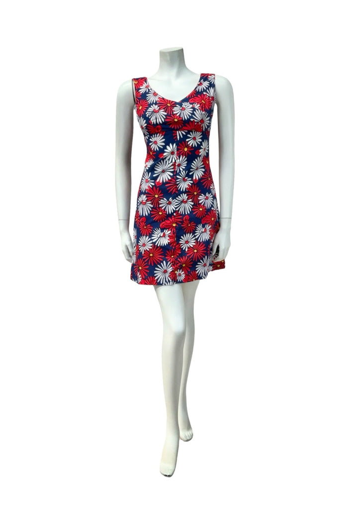VTG 60S 70S RED WHITE BLUE DAISY FLORAL EMPIRE MOD GOGO MINI DRESS XS 6