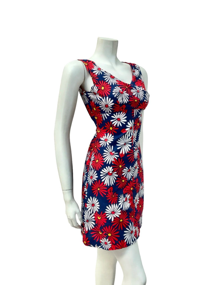 VTG 60S 70S RED WHITE BLUE DAISY FLORAL EMPIRE MOD GOGO MINI DRESS XS 6