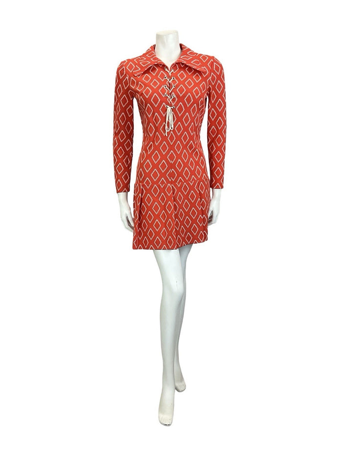 VTG 60S 70S RED WHITE DIAMOND LACE UP DOG EAR DROPPED WAIST SHIRT DRESS 8 10