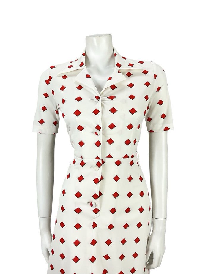 VTG 60S 70S RED WHITE GEOMETRIC SQUARE DAGGER NOTCH LAPEL SHIRT DRESS 8 10 S