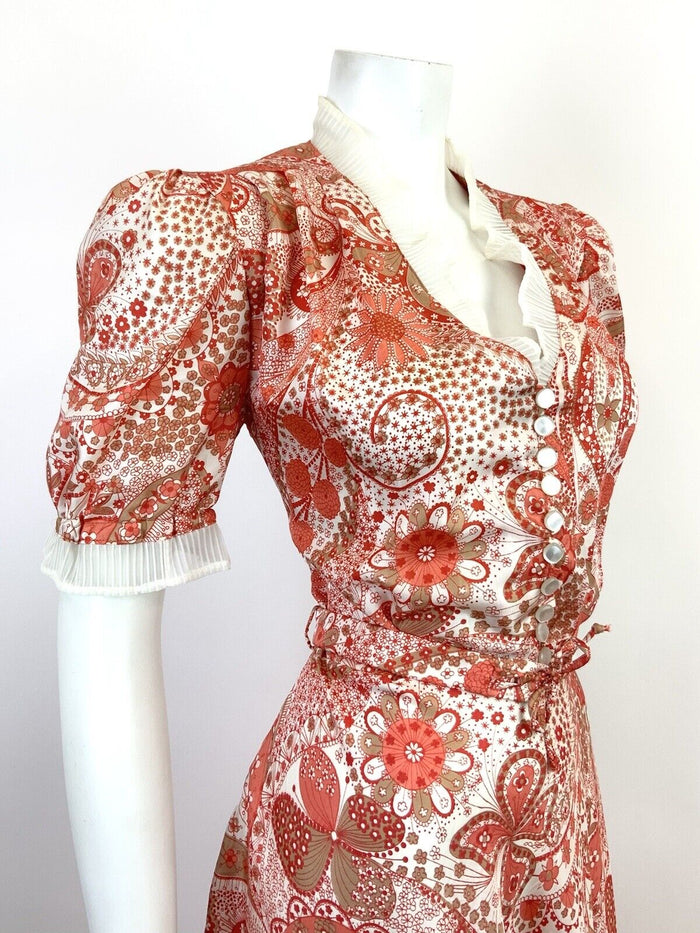 VTG 60s 70s RED WHITE ORANGE PSYCHEDELIC FLORAL DAISY RUFFLE SWING DRESS 14 16