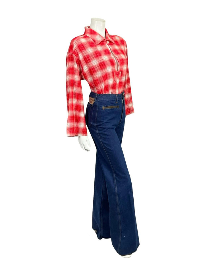 VTG 60S 70S RED WHITE PLAID OP ART GEOMETRIC KEYHOLE BOXY SHIRT 12 14 M