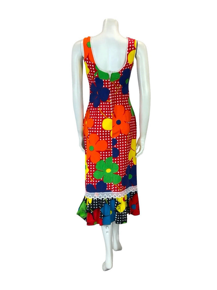 VTG 60S 70S RED WHITE POLKA DOT YELLOW ORANGE FLORAL RUFFLE MIDI DRESS XS 6