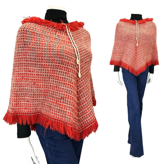 VTG 60S 70S RED WHITE ROPE TIE KNITTED FRINGED BOHO HIPPY WOOL PONCHO 4 6 8