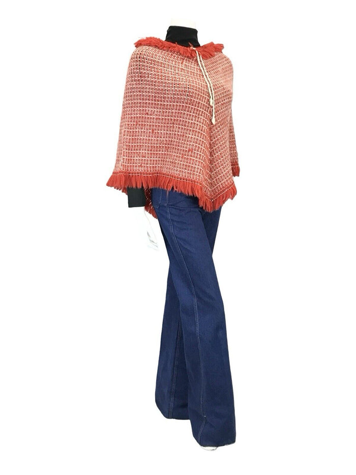VTG 60S 70S RED WHITE ROPE TIE KNITTED FRINGED BOHO HIPPY WOOL PONCHO 4 6 8