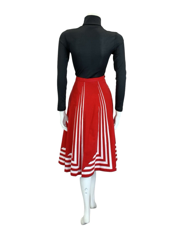 VTG 60S 70S RED WHITE STRIPE GEOMETRIC MOD A LINE MIDI SKIRT 14