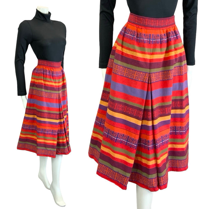 VTG 60S 70S RED YELLOW PUPRLE BLUE AZTEC GEOMETRIC EMBROIDERED MIDI SKIRT 4 6