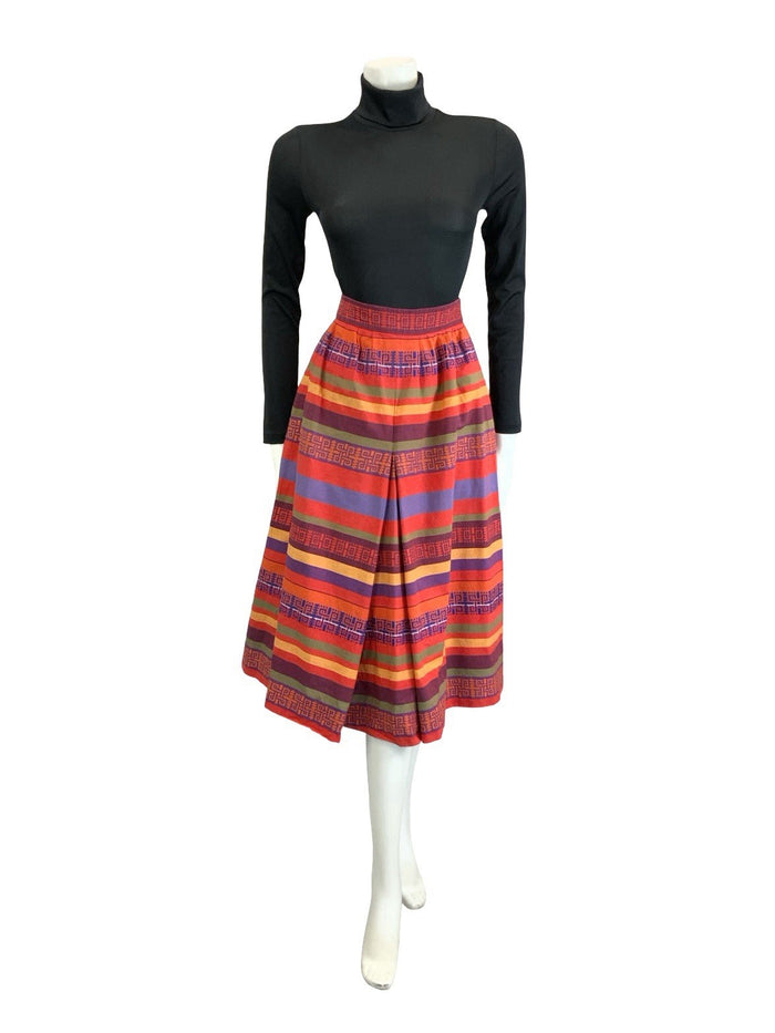VTG 60S 70S RED YELLOW PUPRLE BLUE AZTEC GEOMETRIC EMBROIDERED MIDI SKIRT 4 6