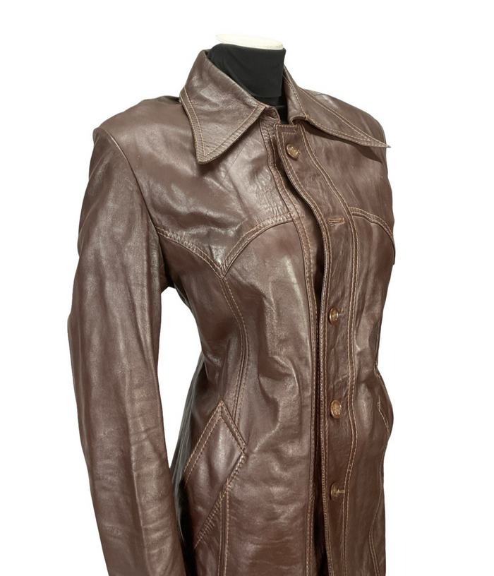 VTG 60S 70S REDDISH BROWN LEATHER WESTERN DAGGER COLLAR JACKET 12 14 M