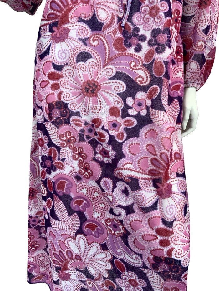 VTG 60S 70S SHEER PSYCHEDELIC FLORAL MAXI DRESS PINK PURPLE 10 12 14