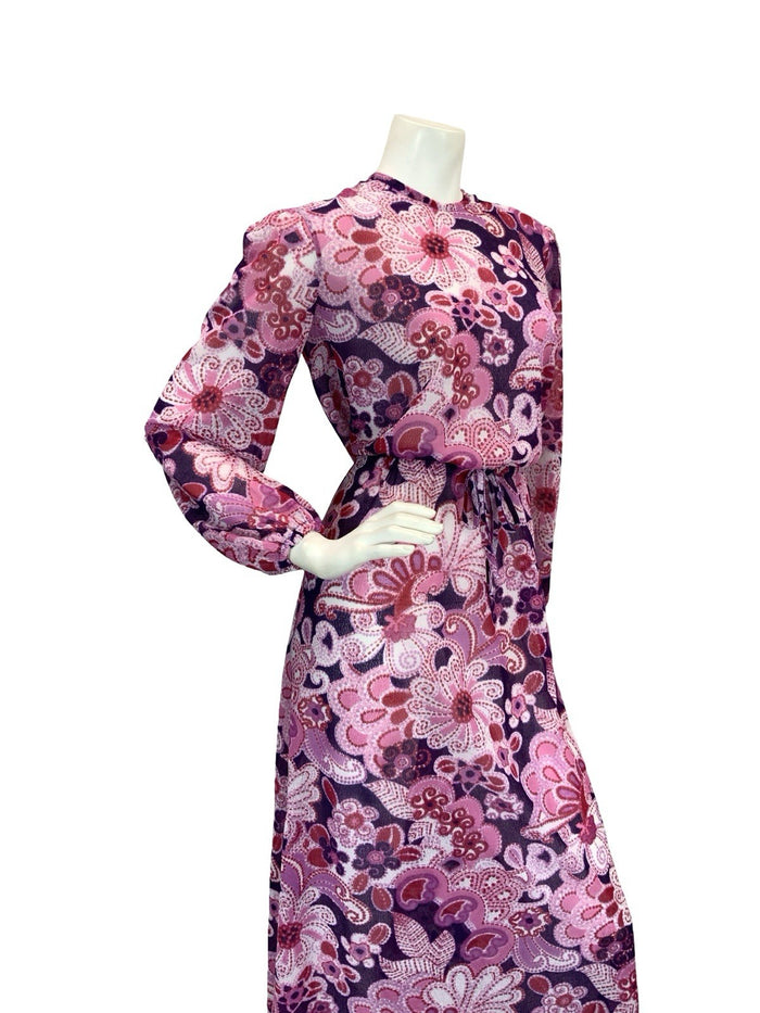VTG 60S 70S SHEER PSYCHEDELIC FLORAL MAXI DRESS PINK PURPLE 10 12 14