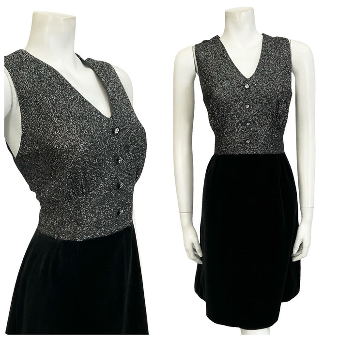 Mannequin wears a 60s 70s sleeveless silver lurex and black velvet plunge neck mini dress.