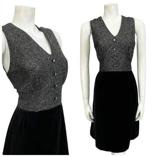 Mannequin wears a 60s 70s sleeveless silver lurex and black velvet plunge neck mini dress.