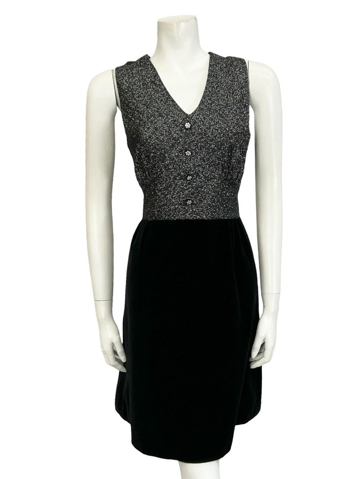 VTG 60S 70S SILVER LUREX BLACK VELVET GLITTERY DIAMANTE V NECK PARTY DRESS 12