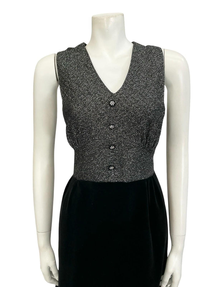 VTG 60S 70S SILVER LUREX BLACK VELVET GLITTERY DIAMANTE V NECK PARTY DRESS 12