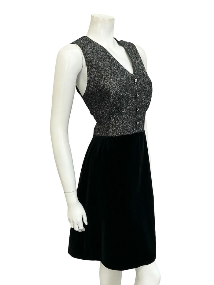 VTG 60S 70S SILVER LUREX BLACK VELVET GLITTERY DIAMANTE V NECK PARTY DRESS 12