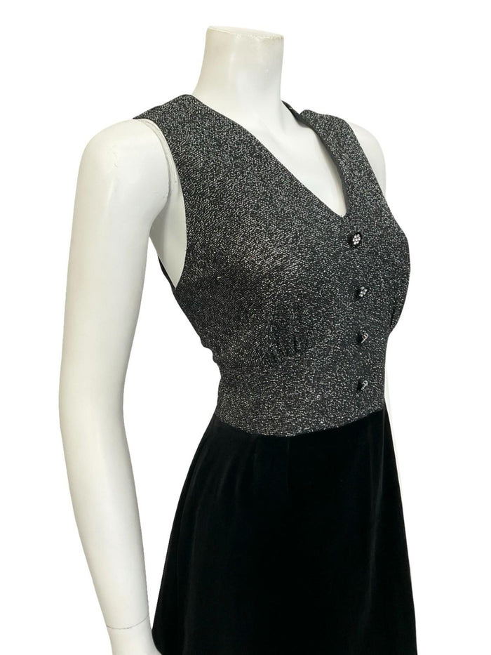 VTG 60S 70S SILVER LUREX BLACK VELVET GLITTERY DIAMANTE V NECK PARTY DRESS 12