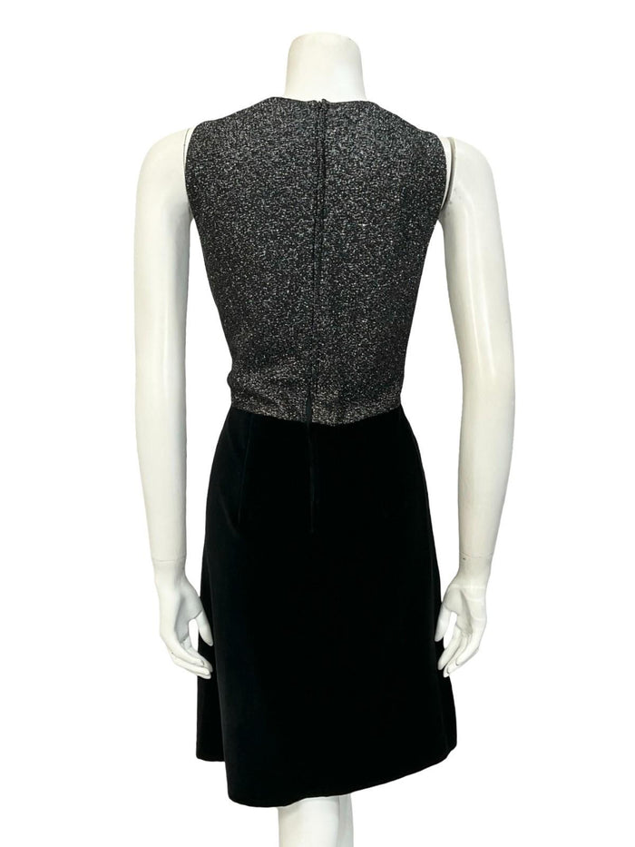 VTG 60S 70S SILVER LUREX BLACK VELVET GLITTERY DIAMANTE V NECK PARTY DRESS 12