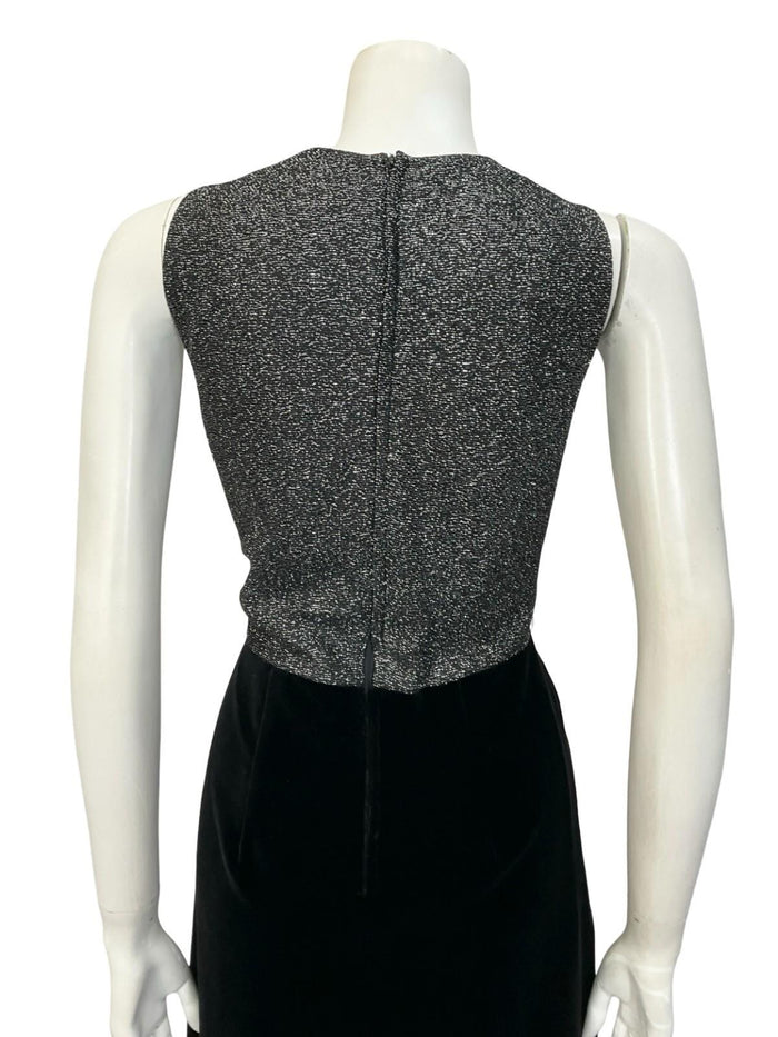 VTG 60S 70S SILVER LUREX BLACK VELVET GLITTERY DIAMANTE V NECK PARTY DRESS 12