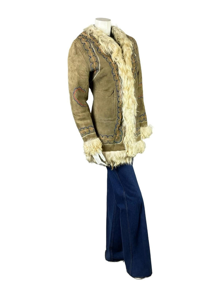 VTG 60S 70S TAN BROWN CREAM SUEDE EMBROIDERED AFGHAN PENNY LANE COAT 10 12