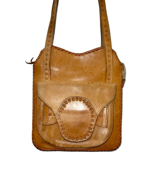 Vintage 60s 70s geometric dotty stamped tan leather shoulder bag Shrinking Violets Vintage