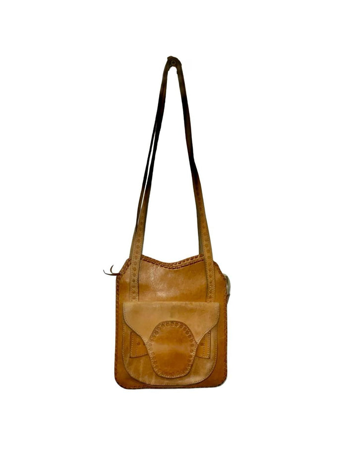 VTG 60S 70S TAN BROWN LEATHER CIRCLE DOTTY GEOMETRIC STAMPED SHOULDER BAG