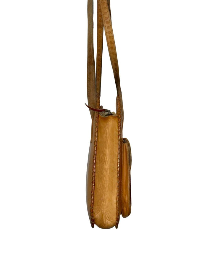 VTG 60S 70S TAN BROWN LEATHER CIRCLE DOTTY GEOMETRIC STAMPED SHOULDER BAG