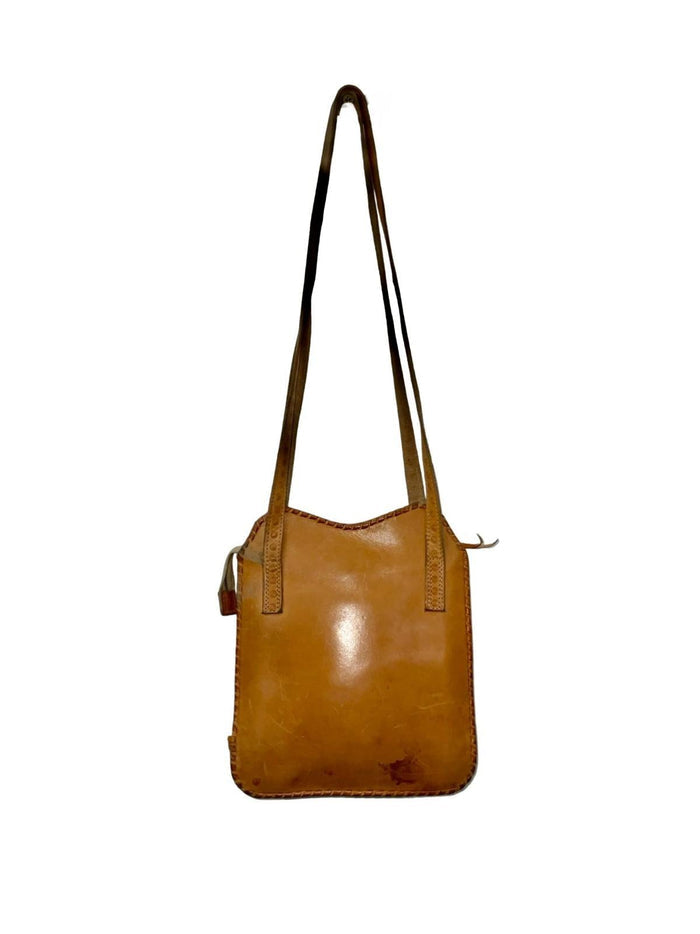 VTG 60S 70S TAN BROWN LEATHER CIRCLE DOTTY GEOMETRIC STAMPED SHOULDER BAG