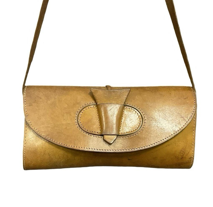 VTG 60S 70S TAN BROWN LEATHER GEOMETRIC GOGO SLIDE CLASP BAGUETTE SHOULDER BAG