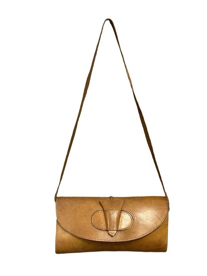 VTG 60S 70S TAN BROWN LEATHER GEOMETRIC GOGO SLIDE CLASP BAGUETTE SHOULDER BAG