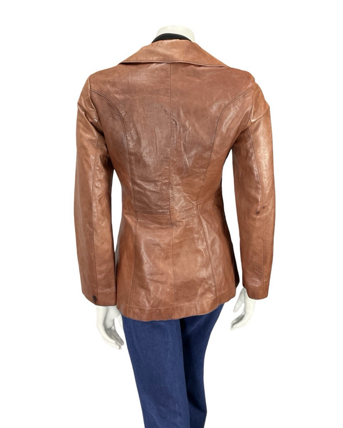 VTG 60S 70S TAN BROWN LEATHER NOTCH LAPEL MOD WELT POCKET BUTTON DOWN JACKET 8