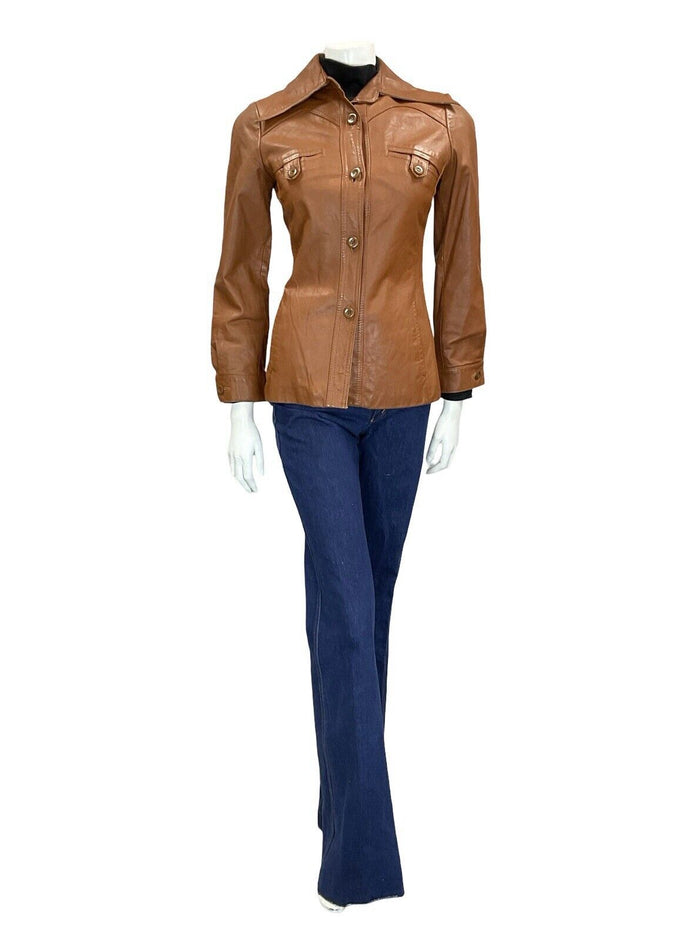 VTG 60S 70S TAN BROWN LEATHER SUPER WING DAGGER COLLAR LEATHER JACKET XS 6