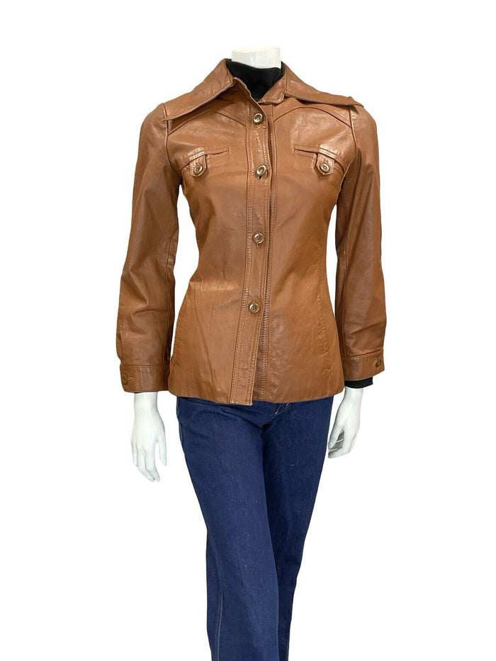 VTG 60S 70S TAN BROWN LEATHER SUPER WING DAGGER COLLAR LEATHER JACKET XS 6