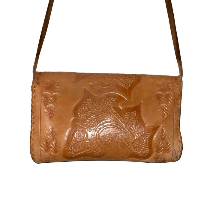 VTG 60S 70S TAN BROWN PSYCHEDELIC FLORAL EMBOSSED BAGUETTE SHOULDER BAG