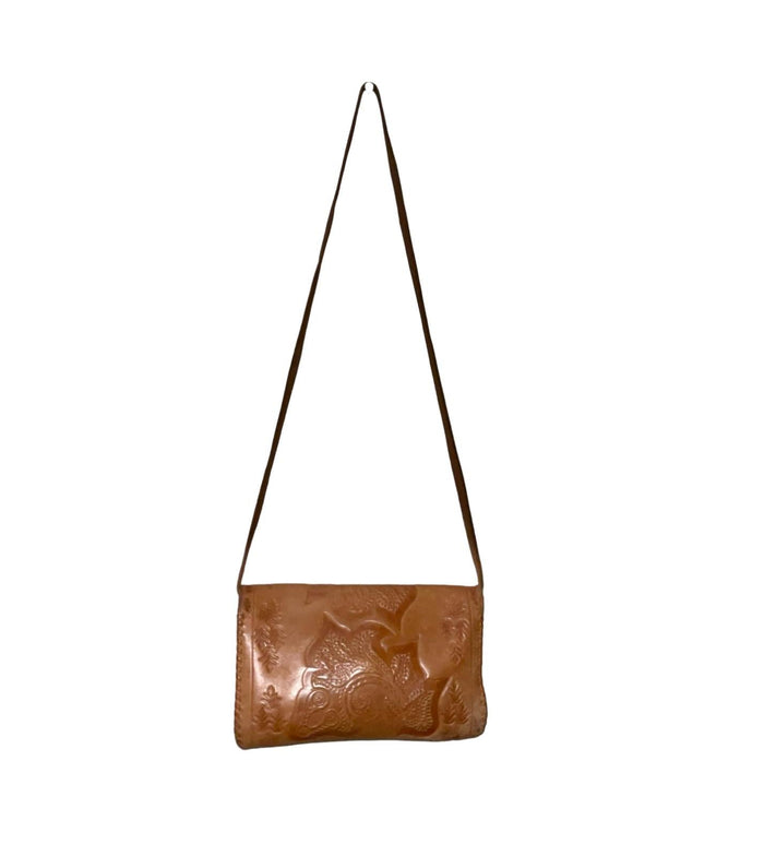 VTG 60S 70S TAN BROWN PSYCHEDELIC FLORAL EMBOSSED BAGUETTE SHOULDER BAG