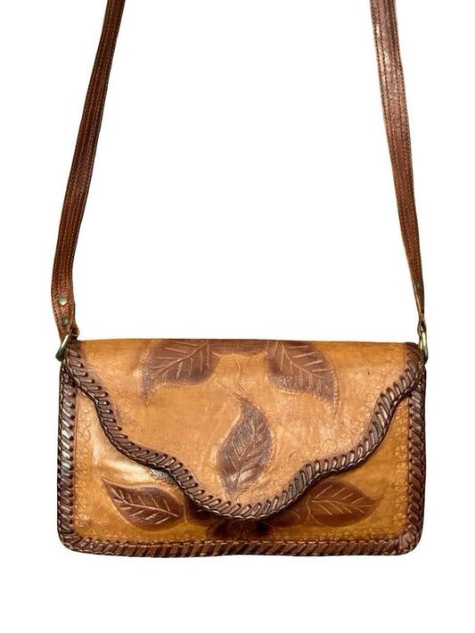 VTG 60S 70S TAN DARK BROWN LEATHER FLORAL BOHO LEAF WHIP STITCH CROSS BODY BAG
