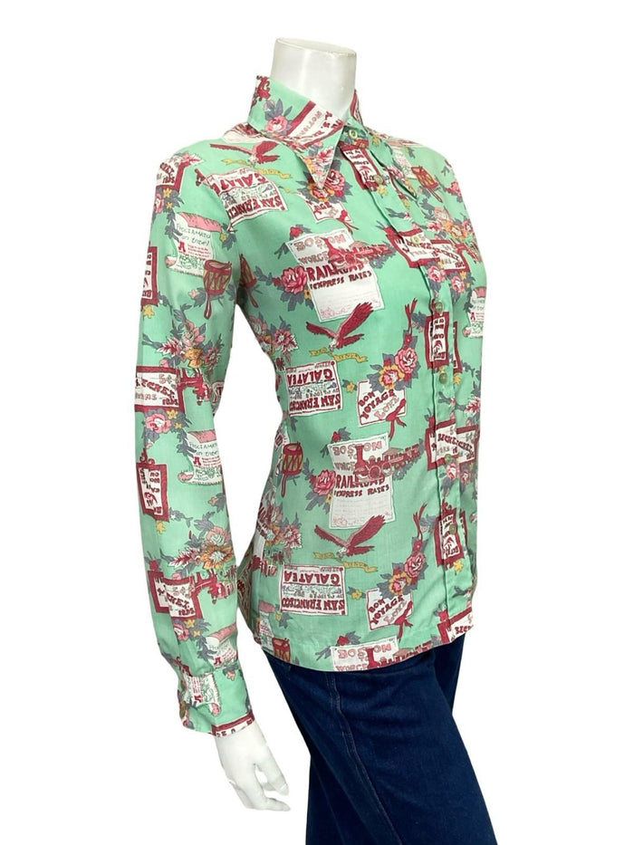 VTG 60S 70S TEAL BLUE PINK PURPLE FLORAL DRUM SIGN BIRD DAGGER SHIRT 12