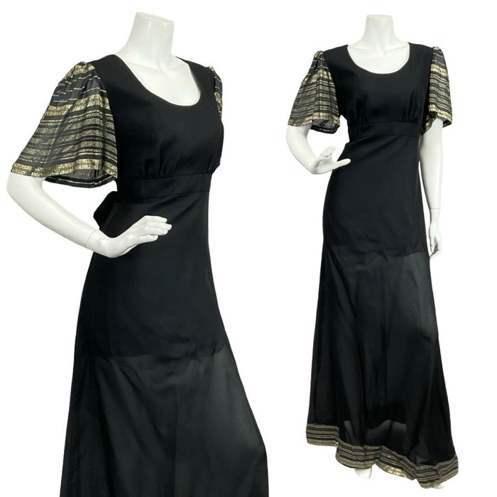 Mannequin wears a 70s Vera Mont gold and black striped sleeve empire waist maxi dress.