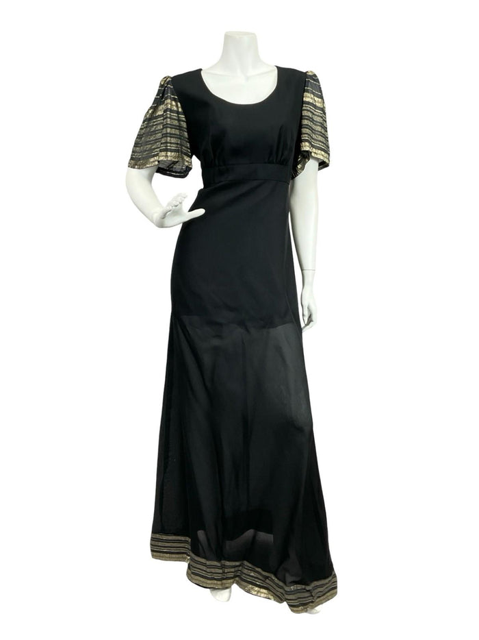 VTG 60S 70S VERA MONT BLACK GOLD STRIPED EMPIRE LUREX GLITTERY MAXI DRESS 10 12