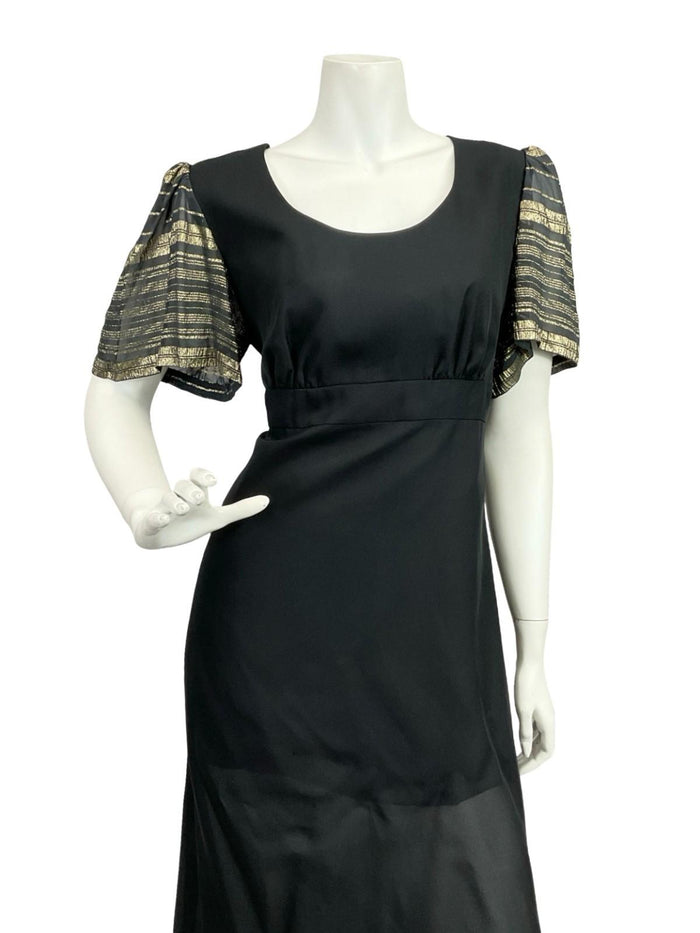 VTG 60S 70S VERA MONT BLACK GOLD STRIPED EMPIRE LUREX GLITTERY MAXI DRESS 10 12