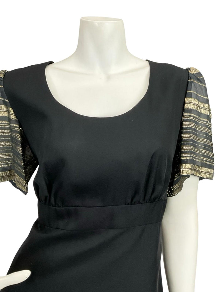 VTG 60S 70S VERA MONT BLACK GOLD STRIPED EMPIRE LUREX GLITTERY MAXI DRESS 10 12