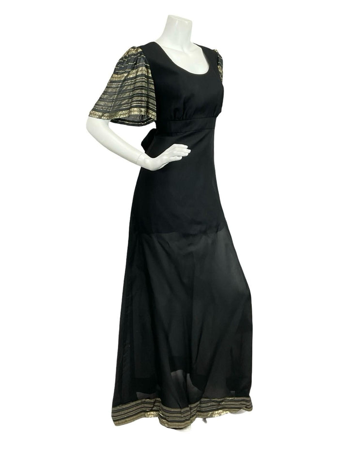 VTG 60S 70S VERA MONT BLACK GOLD STRIPED EMPIRE LUREX GLITTERY MAXI DRESS 10 12